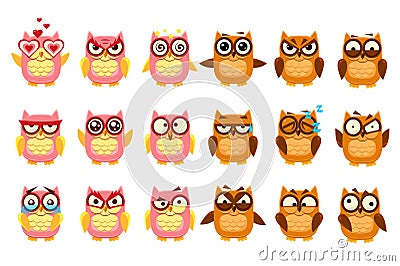 Cute owls set, funny owlets with various emotions vector Illustration Vector Illustration