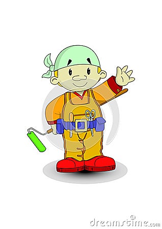 Cute painter in work clothes and with a roller for painting. Vector Illustration