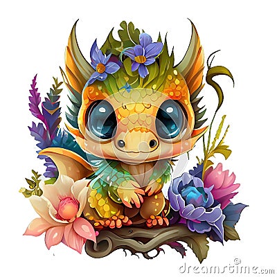 Cute painting of a adorable Smile Baby Dragon Colorful with Flower Stock Photo