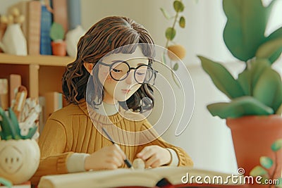 Cute painting watercolor of woman write a book Stock Photo