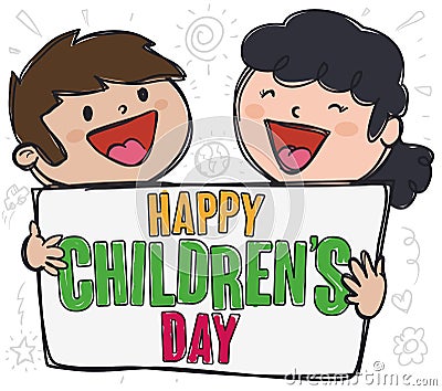 Couple of Kids Holding a Sign and Celebrating Children`s Day, Vector Illustration Vector Illustration