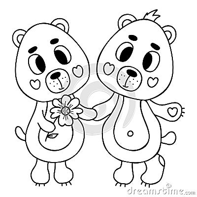 Cute pair in love bears with flower. Vector illustration in doodle style. Funny cute animal characters. Outline drawing. Vector Illustration