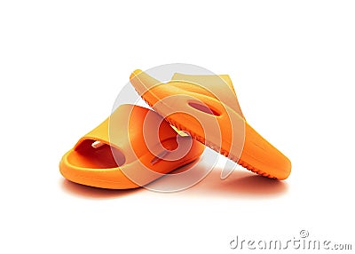 Cute pair of orange pillow slide sandals for toddler non-slip foam slippers isolated on white Stock Photo