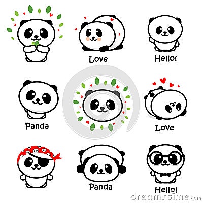 Cute Panda Asian Bear Vector Illustrations, Collection of Chinese Animals Simple Logo Elements, Black and White Icons Vector Illustration