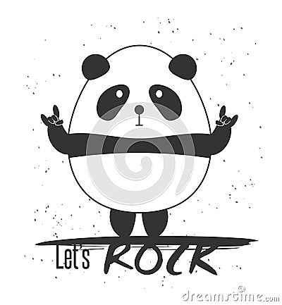 Cute Panda Bear. Let s Rock Lettering Vector Illustration