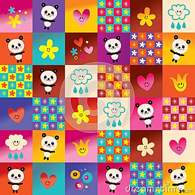 Cute panda bears and flowers pattern Vector Illustration