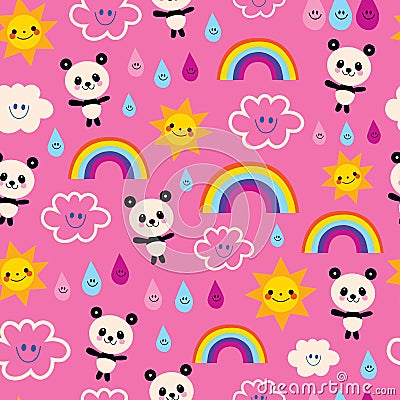 Cute panda bears rain drops rainbows clouds pattern Vector Illustration