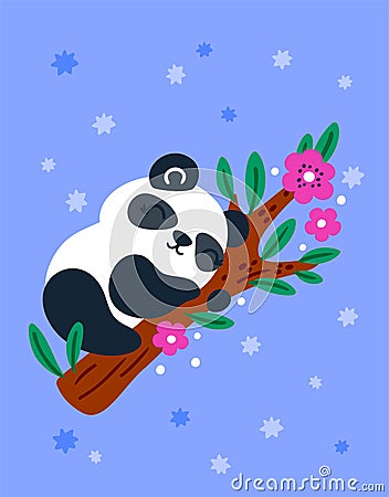 Cute panda. Cartoon greeting card. Animal character sleeping on eucalyptus branch. Sweet dream. Asian mammal. Adorable Vector Illustration