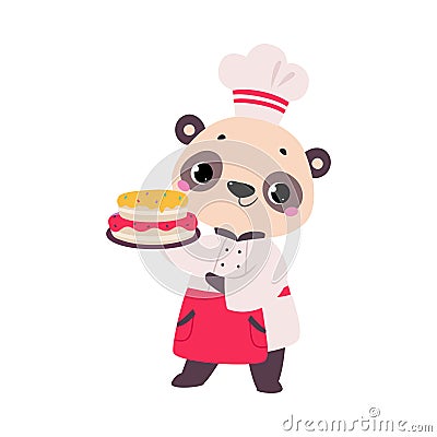 Cute Panda Chef Character in Toque Hold Cake Vector Illustration Stock Photo