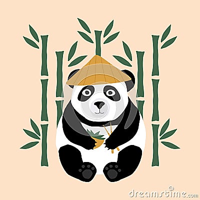Cute panda in chinese hat with chopsticks and food bowl. Panda cartoon with bamboo forest in the background. Vector Illustration