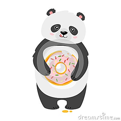 Cute panda eating donut flat vector illustration Vector Illustration