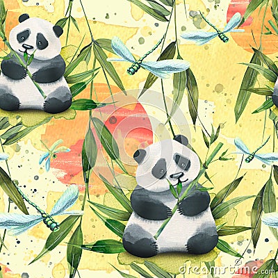 A cute panda eats bamboo in a bamboo grove with an oriental, red sun, spots and splashes of paint and with dragonflies Stock Photo