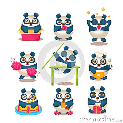 Cute Panda Emoji Collection With Humanized Cartoon Panda Character Doing Different Day-to-day Things Vector Illustration