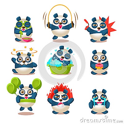 Cute Panda Emotions And Activities Collection With Humanized Cartoon Panda Character Doing Different Day-to-day Things Vector Illustration