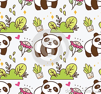 Cute panda with flower seamless background Stock Photo