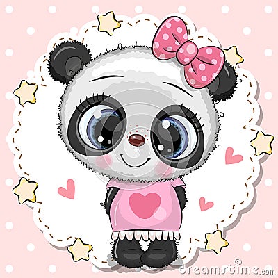 Cute Panda girl with pink bow Vector Illustration