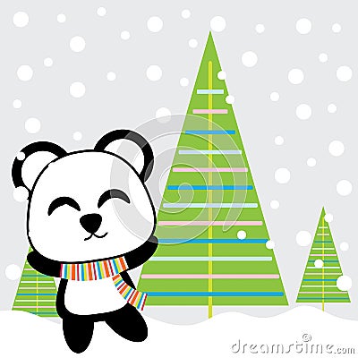 Cute panda is happy on snow background cartoon, Xmas postcard, wallpaper, and greeting card Vector Illustration