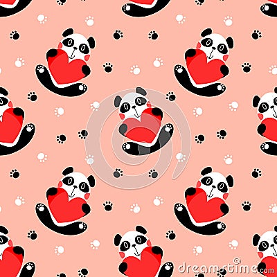 Cute panda hold a big heart seamless pattern Vector Illustration