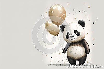 A cute panda holds a golden balloon in its paw on a light background with copy space.Generated AI Stock Photo