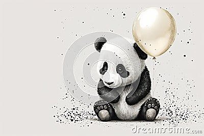 A cute panda holds a golden balloon in its paw on a light background with copy space.Generated AI Stock Photo