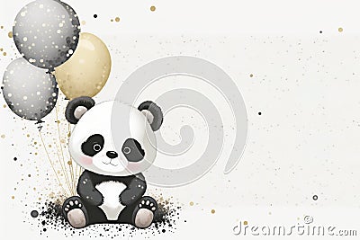 A cute panda holds a golden and grey balloons in its paw on a white background with copy space. Stock Photo