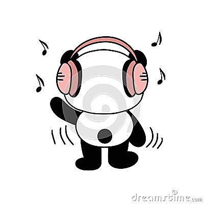 Cute panda listens to music on headphones. Hand drawn vector black and white icon. Modern style illustration for apparel Vector Illustration