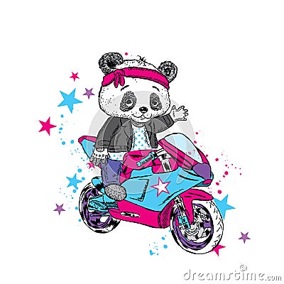 Cute panda on a motorcycle. Panda - biker. Funny Bear. Vector illustration for a card or poster. Vector Illustration