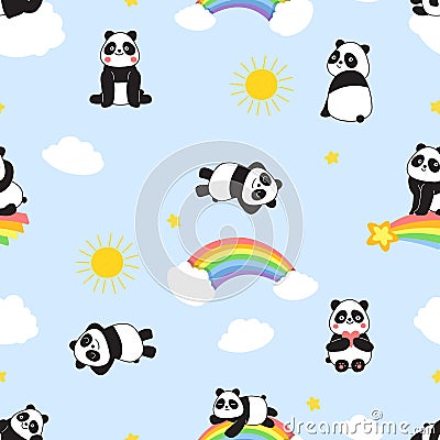 Cute panda print. Childish seamless pattern with cartoon pandas, rainbow and sun. Cartoon wild animal vector texture Vector Illustration