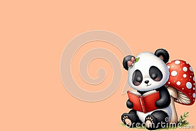Cute panda reading a book peach fuzz color background Stock Photo