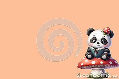 Cute panda reading a book peach fuzz color background Stock Photo