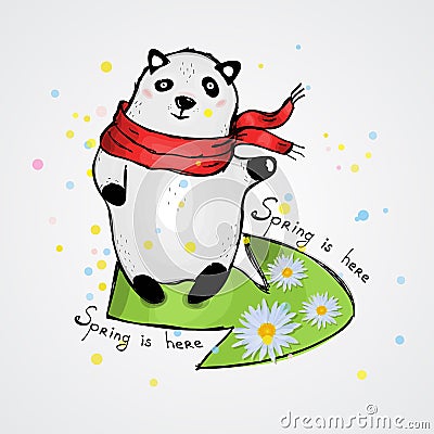 Cute Panda in a scarf. Caption: spring is here Vector Illustration