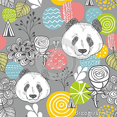 Cute panda seamless pattern on grey background. Vector Illustration