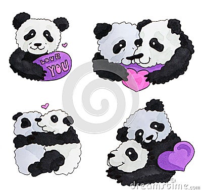 Cute panda set. Marker Art iluustration for poctcard. funny pandas with heart. for St. Valentine`s Day Stock Photo