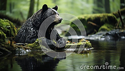 Cute panda sitting on branch, eating, in tranquil rainforest generated by AI Stock Photo