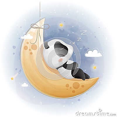 Cute panda sleeping on the moon. watercolor style. Vector Vector Illustration