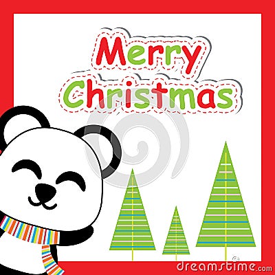 Cute panda smile and Xmas tree cartoon, Xmas postcard, wallpaper, and greeting card Vector Illustration