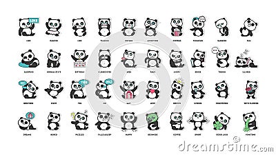 Cute panda, stickers collection, in different poses, different moods Vector Illustration