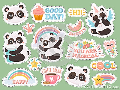 Cute panda stickers. Happy pandas patches, cool animals and winked panda sticker vector illustration set Vector Illustration