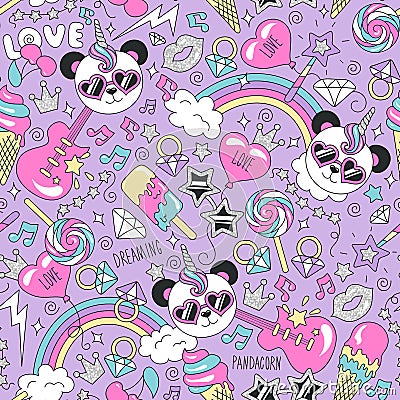 Cute panda unicorn pattern on a lilac background. Colorful trendy seamless pattern. Fashion illustration drawing in modern style Cartoon Illustration