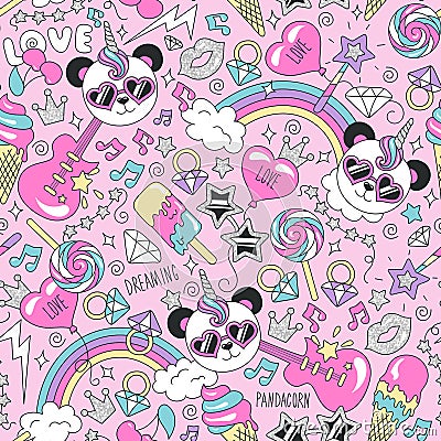 Cute panda unicorn pattern on a pink background. Colorful trendy seamless pattern. Fashion illustration drawing in modern style Cartoon Illustration