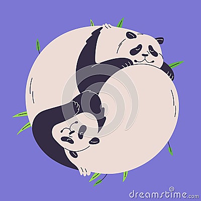 Cute panda yin yang concept. Funny Asian bear sleep, happy fluffy animals relax. Tired furry couple, Chinese family rest Vector Illustration