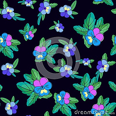 Cute Pansies on black backgroun Vector Illustration