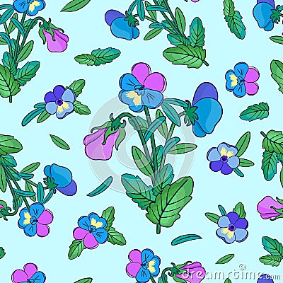 Cute Pansies on blue background Vector Illustration