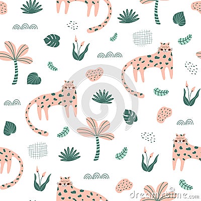 Cute panther. Wild cat pattern Pink panther jungle cat textile design. Hand drawn safari cheetah Vector Illustration