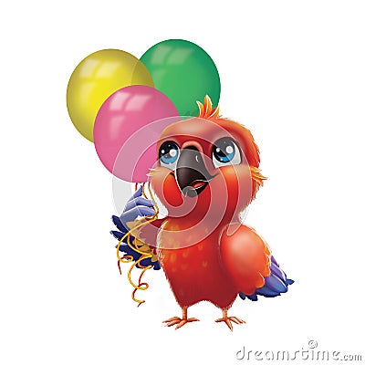 Cute Parakeet Parrot Holding Party Balloons - Kids Happy Birthday from Happy Blue-Eyed Hand-Drawn Animated Cartoon Character Stock Photo