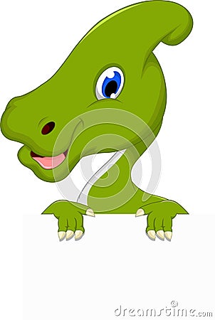 Cute Parasaurolophus cartoon with blank sign Stock Photo