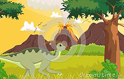 Cute Parasaurolophus cartoon in the jungle Vector Illustration