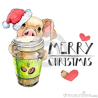 Cute parasenok in a Santa Claus Christmas hat with a mug of coffee. greeting card. Isolated . Happy New Year. Stock Photo