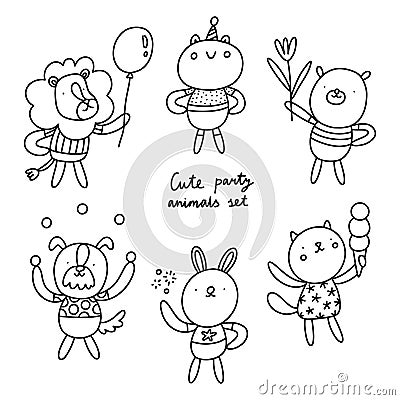 Cute party animals outlined illustration, vector collection Vector Illustration