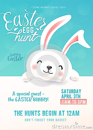 Cute party poster for Easter Egg Hunt with funny easter bunny Vector Illustration